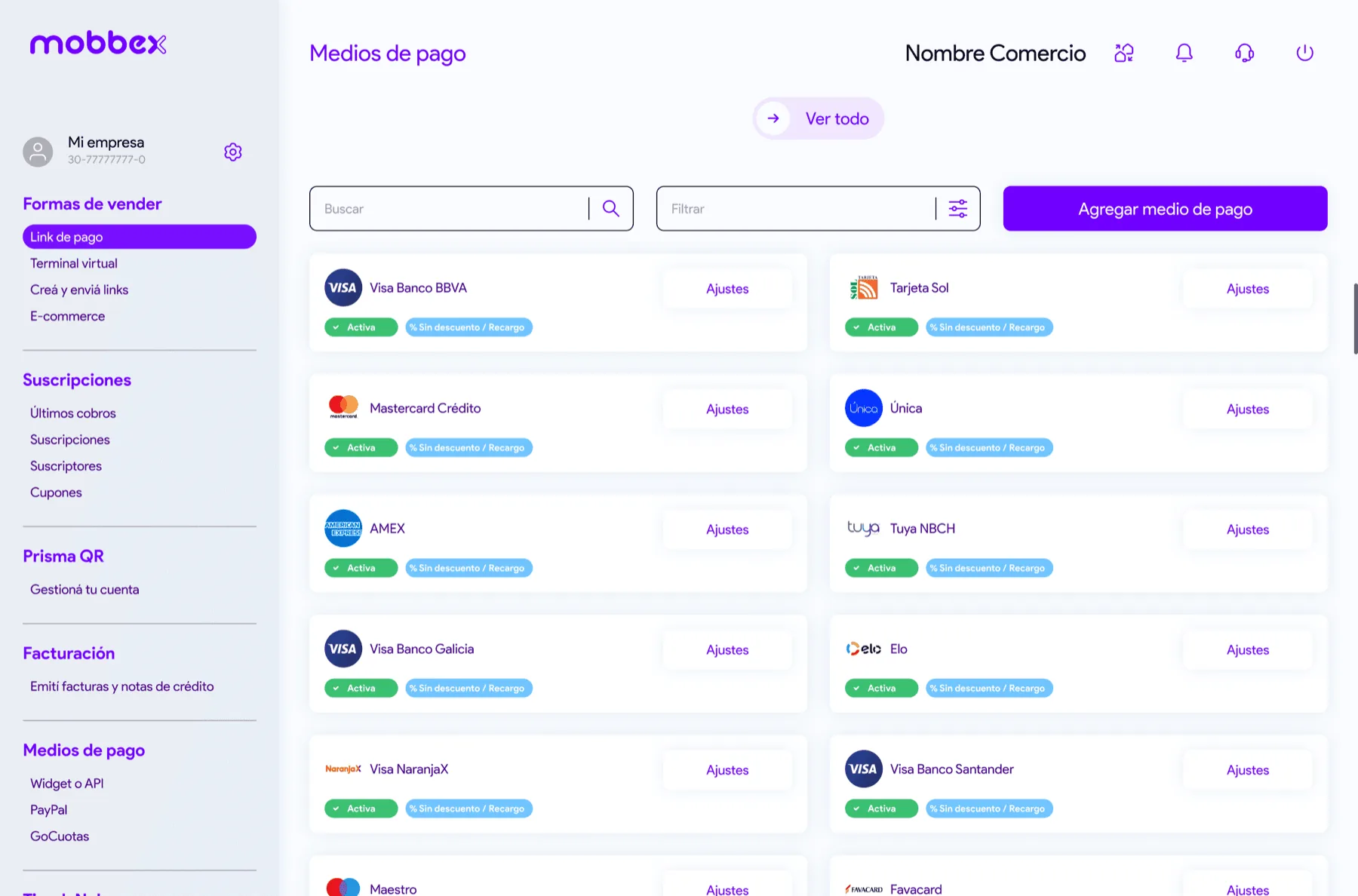 Panel de configuración de medios de pago en la consola Mobbex